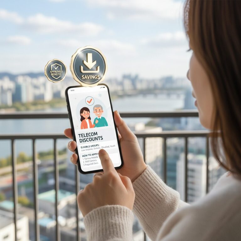 취약계층 통신요금 감면 혜택과 신청 방법을 설명하는 스마트폰과 할인 마크 이미지