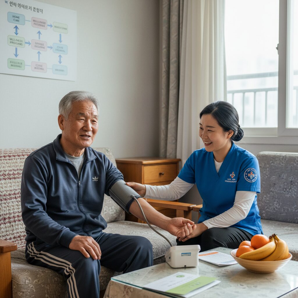지역사회 통합건강증진 서비스 개념도, 보건소 간호사가 어르신 가정을 방문하여 혈압을 측정하는 모습