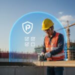 건설 현장에서 안전모를 쓴 근로자가 일하고 있으며, 배경에는 보험 가입을 상징하는 보호막과 체크리스트 아이콘이 함께 있는 이미지