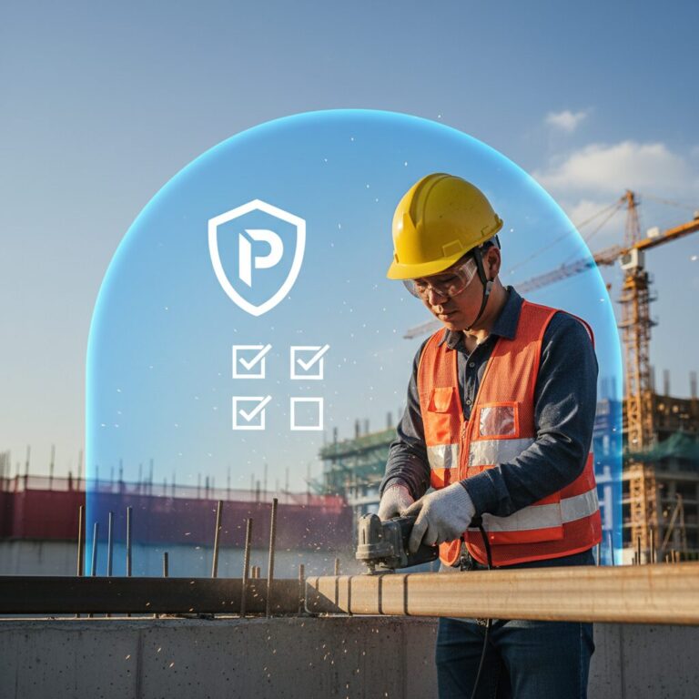 건설 현장에서 안전모를 쓴 근로자가 일하고 있으며, 배경에는 보험 가입을 상징하는 보호막과 체크리스트 아이콘이 함께 있는 이미지