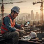 건설 현장에서 일하는 근로자가 휴가지원 포인트로 여행 계획을 세우는 개념 이미지