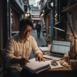 신용이 낮은 소상공인이 사업 계획서를 작성하며 자금 지원을 고려하는 모습