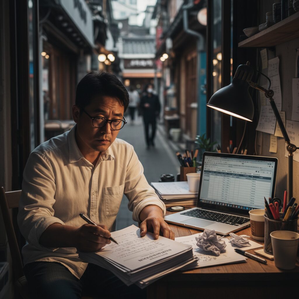 신용이 낮은 소상공인이 사업 계획서를 작성하며 자금 지원을 고려하는 모습