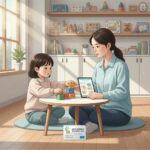 발달재활서비스 바우처 카드와 치료를 받는 아이의 일러스트 이미지