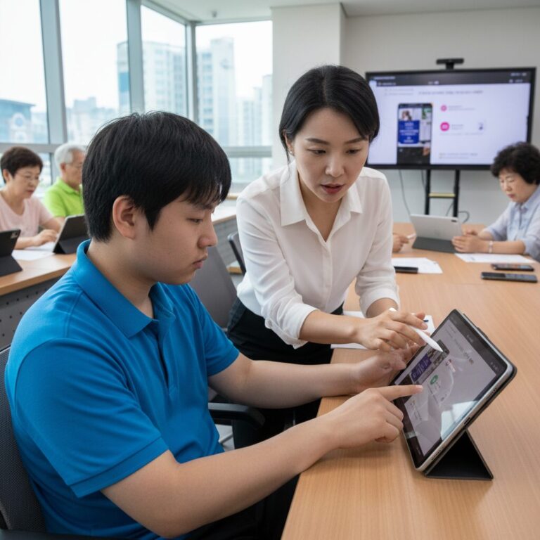 장애인이 태블릿 PC를 사용하며 스마트폰 교육을 받고 있는 모습