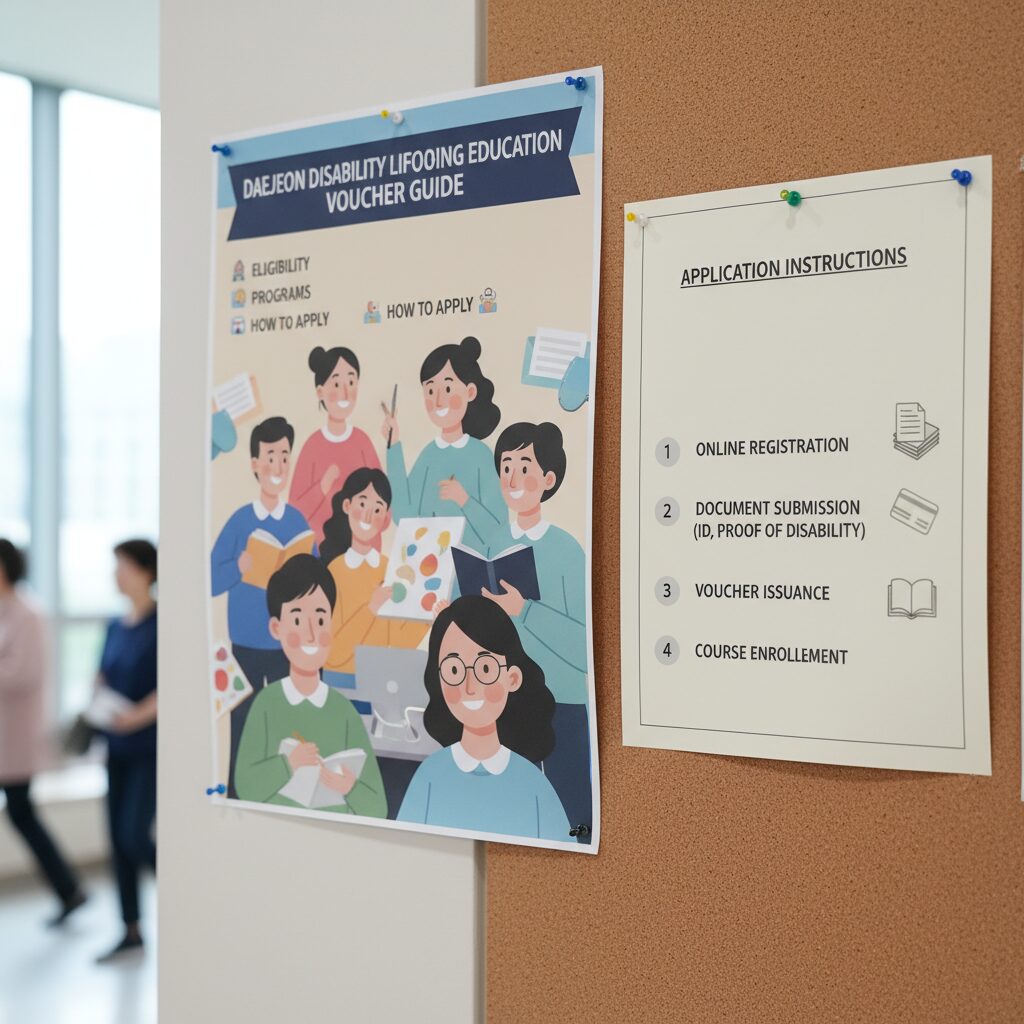 대전 장애인 평생교육이용권 안내 포스터와 신청 방법이 적힌 문서