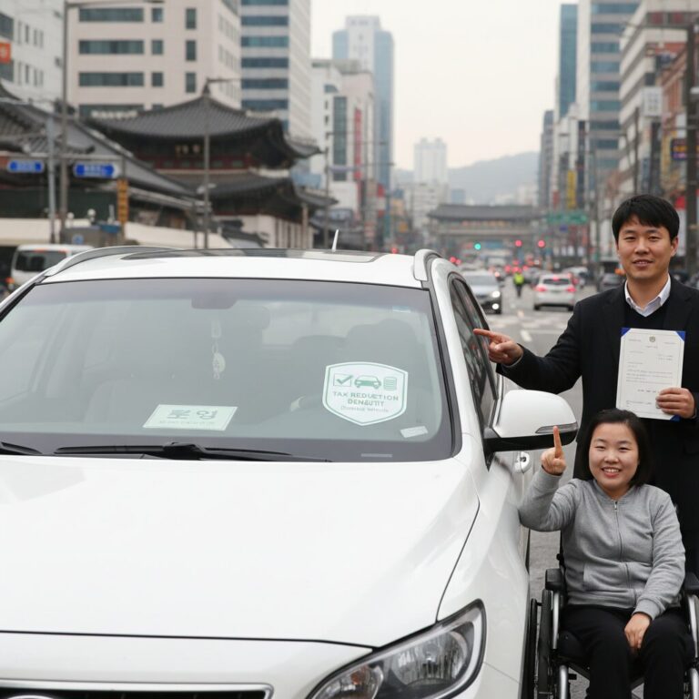 장애인 차량 세금 감면 혜택을 나타내는 그림으로 차량과 세금 감면 표시가 함께 있음