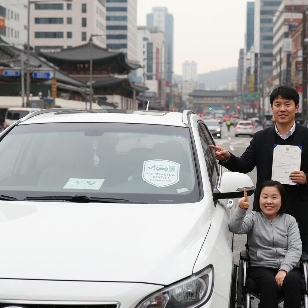 장애인 차량 세금 감면 혜택을 나타내는 그림으로 차량과 세금 감면 표시가 함께 있음