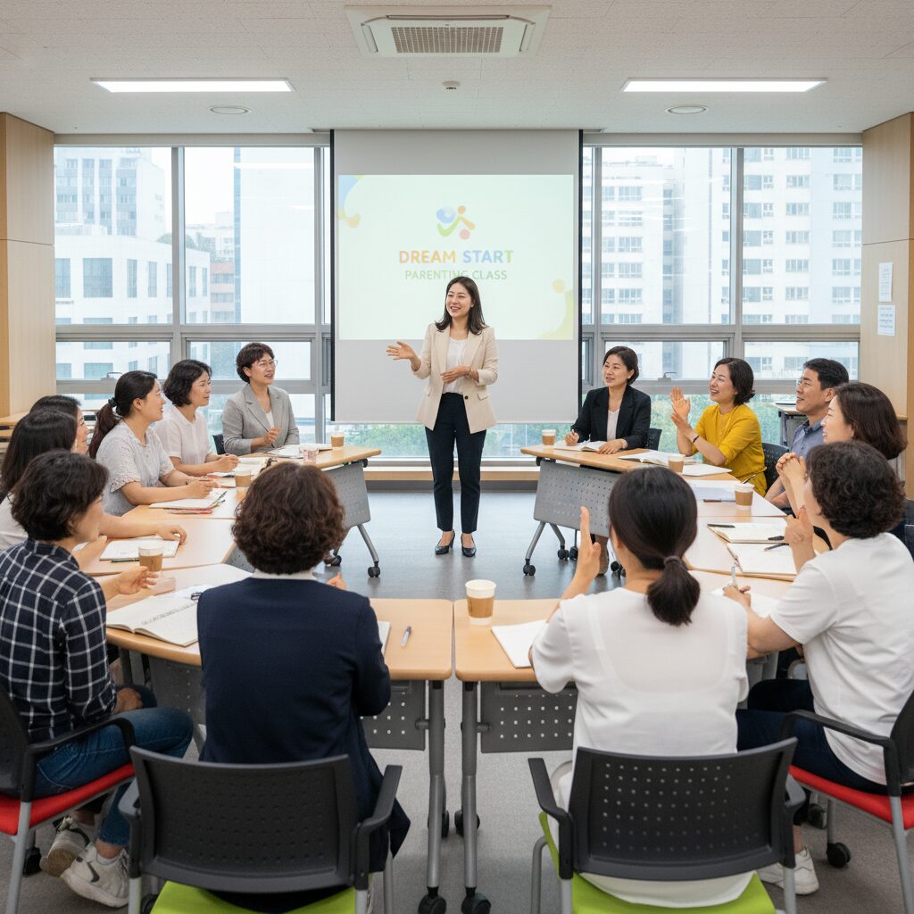 드림스타트 부모교육 현장에서 강사가 참여자들과 대화를 나누는 모습