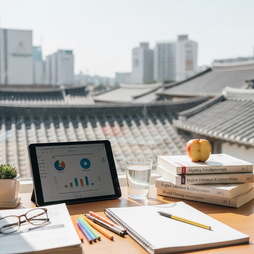 방학 중 교육복지우선지원 대상 학생을 위한 학습 자료와 태블릿이 놓인 책상