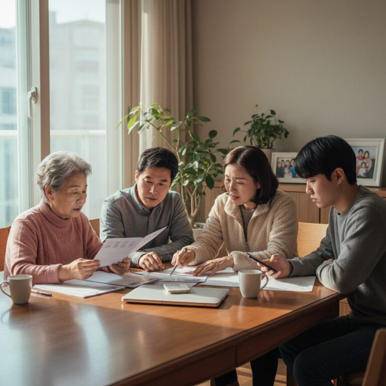 가족이 노인장기요양보험 방문조사를 준비하며 이야기하는 모습