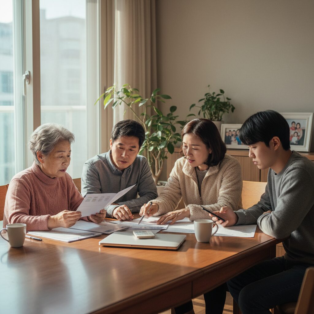 가족이 노인장기요양보험 방문조사를 준비하며 이야기하는 모습