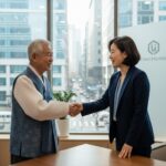 고령자와 사업주가 서로 미소 지으며 악수하는 모습