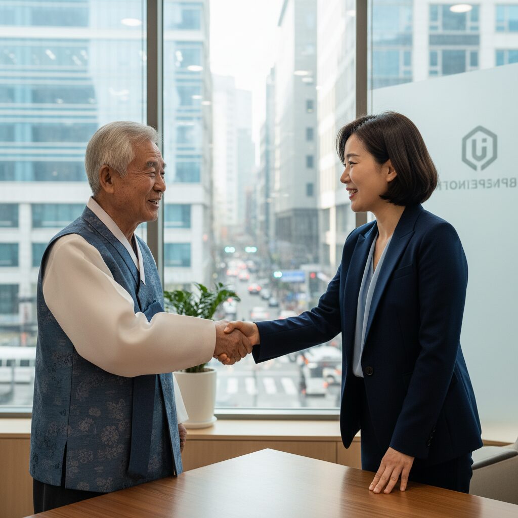 고령자와 사업주가 서로 미소 지으며 악수하는 모습