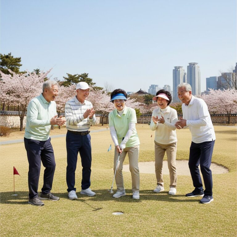 어르신들이 파크골프를 즐기며 웃고 있는 모습