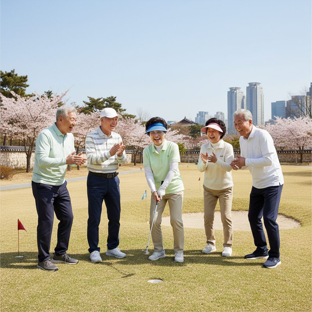 어르신들이 파크골프를 즐기며 웃고 있는 모습. 밝은 날씨와 푸른 잔디밭이 배경이다.