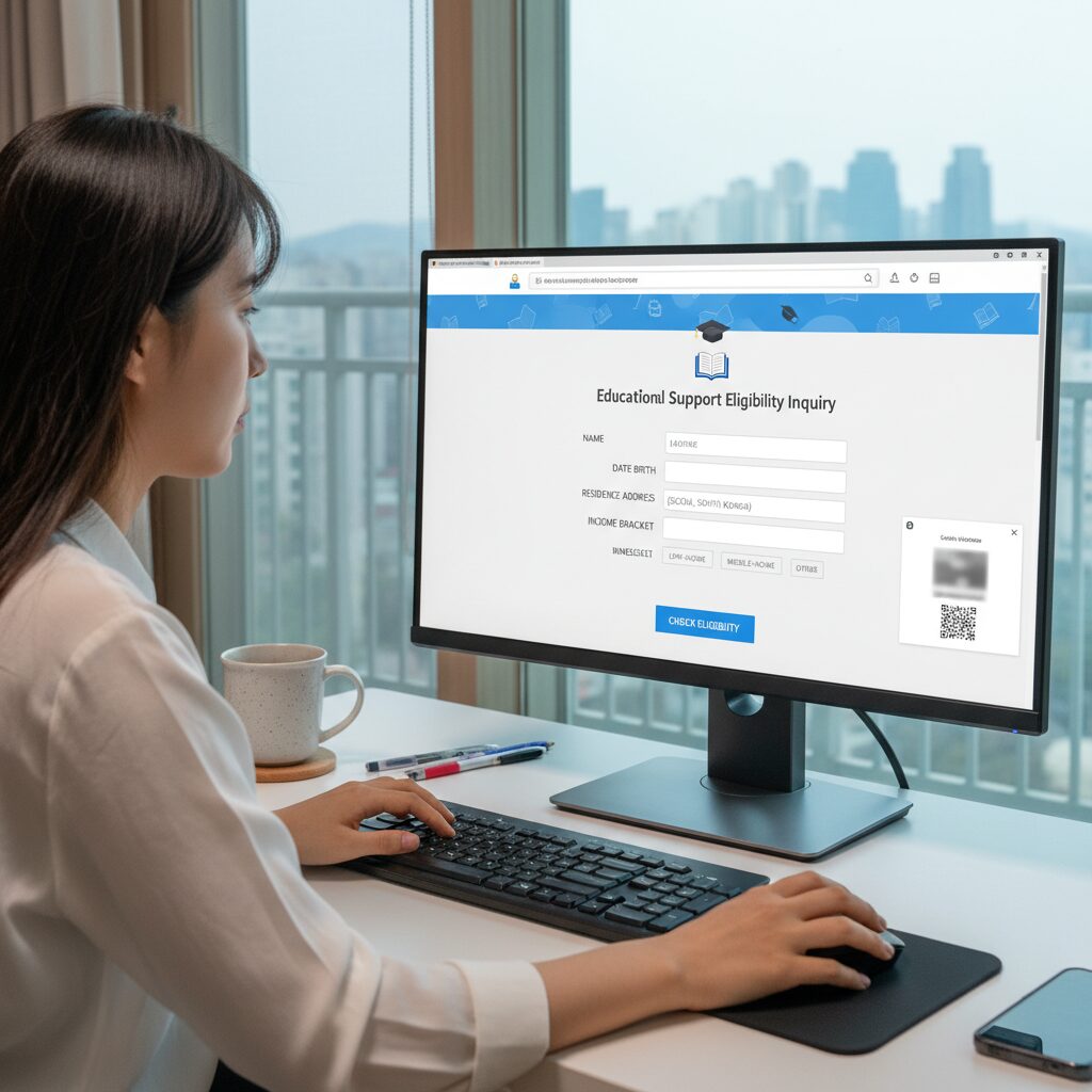 컴퓨터 화면에서 교육급여 자격 조회를 하는 모습