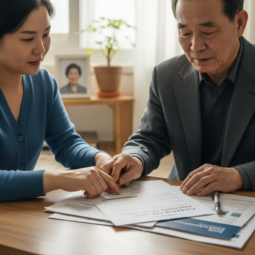 위기 상황에 처한 가정을 위한 장례비 지원을 설명하는 손길과 문서 이미지