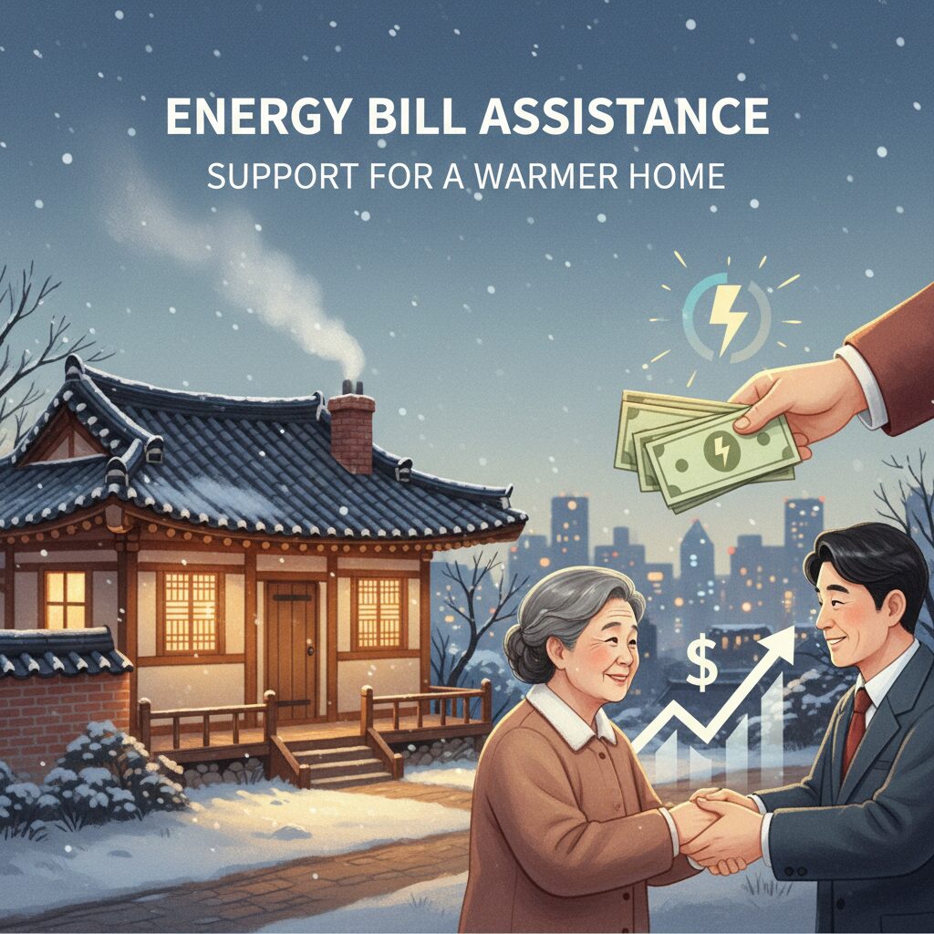 에너지 복지요금 지원 제도를 설명하는 그래픽 이미지로 따뜻한 집과 지원금을 받는 손 그림이 있음
