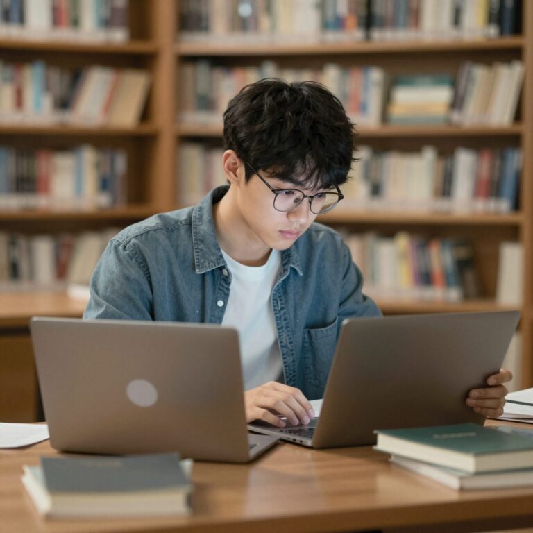 노트북과 책 앞에서 공부하는 이공계 학생의 모습을 상징적으로 표현한 이미지