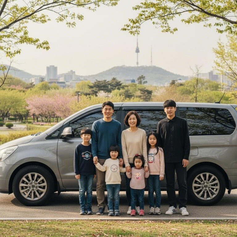 다자녀 가족이 7인승 자동차 옆에서 미소지으며 서 있는 모습