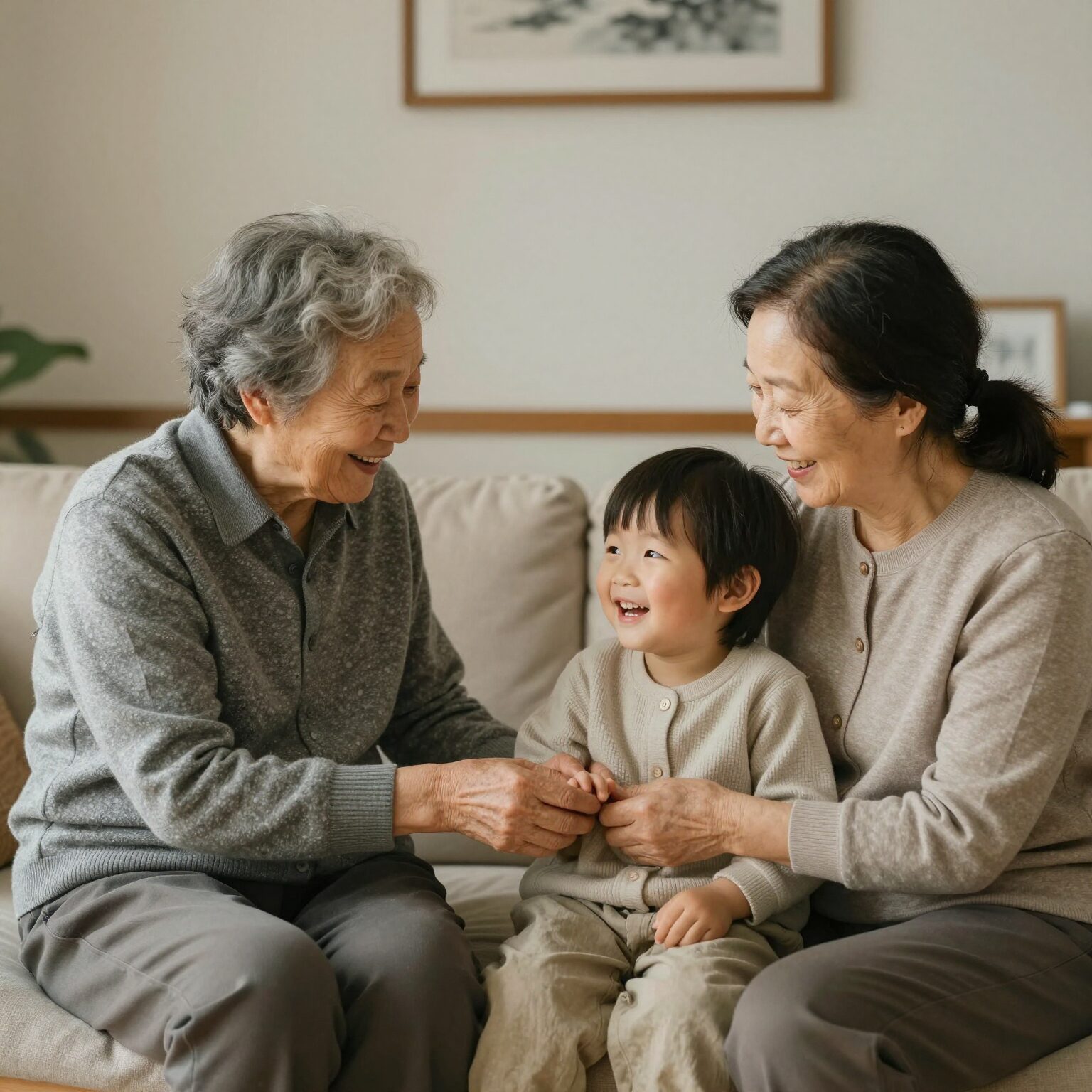 가족이 노인을 집에서 돌보며 웃고 있는 따뜻한 모습. 특별현금급여 가족요양비 개념을 표현