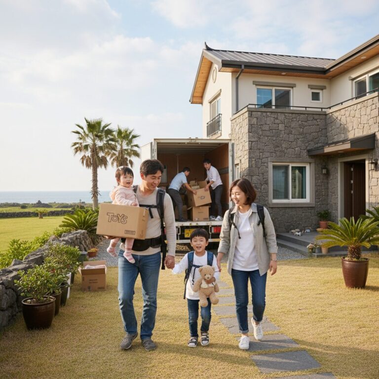 제주도에서 둘째 아이와 함께 새 집으로 이사하는 가족의 모습