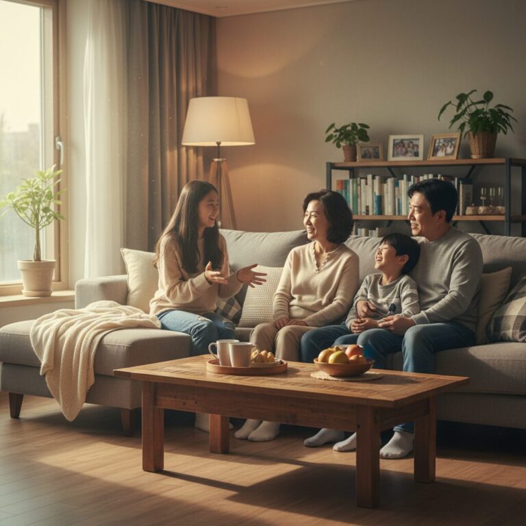 가족이 소파에 함께 앉아 따뜻하게 대화를 나누는 모습