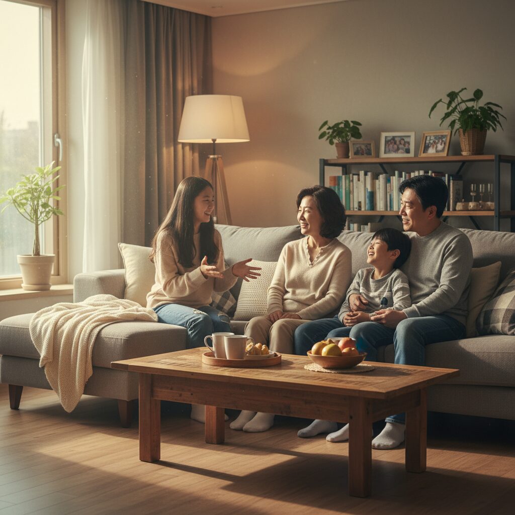 발달장애인 가족이 함께 웃으며 휴식을 즐기는 모습