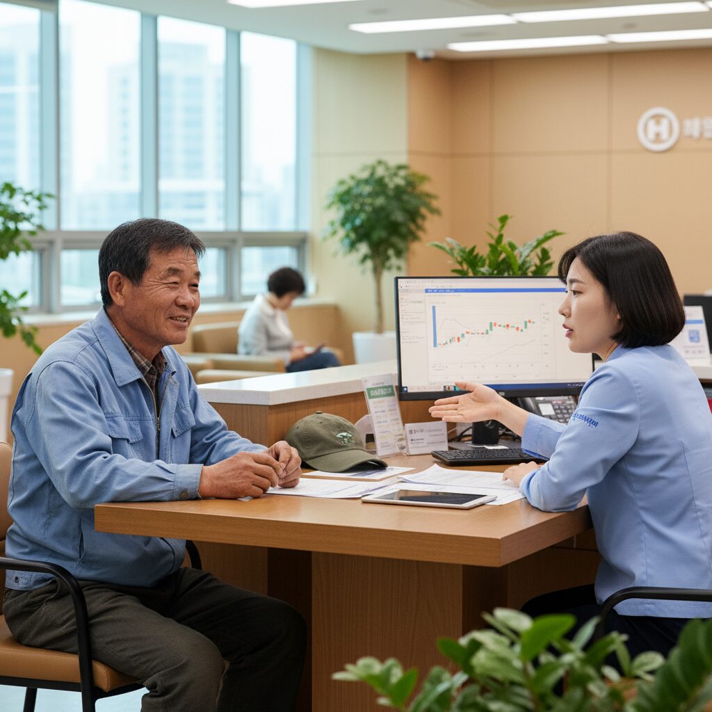 농부가 농협 창구에서 농업자금 상담을 받고 있는 모습