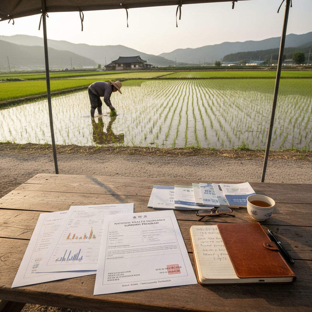 논밭에서 일하는 농부의 모습과 건강보험 지원 관련 서류가 놓인 테이블