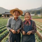 손에 흙을 묻힌 노부부가 농지와 함께 미소 지으며 서 있는 모습, 농지연금의 안정된 노후 생활을 상징
