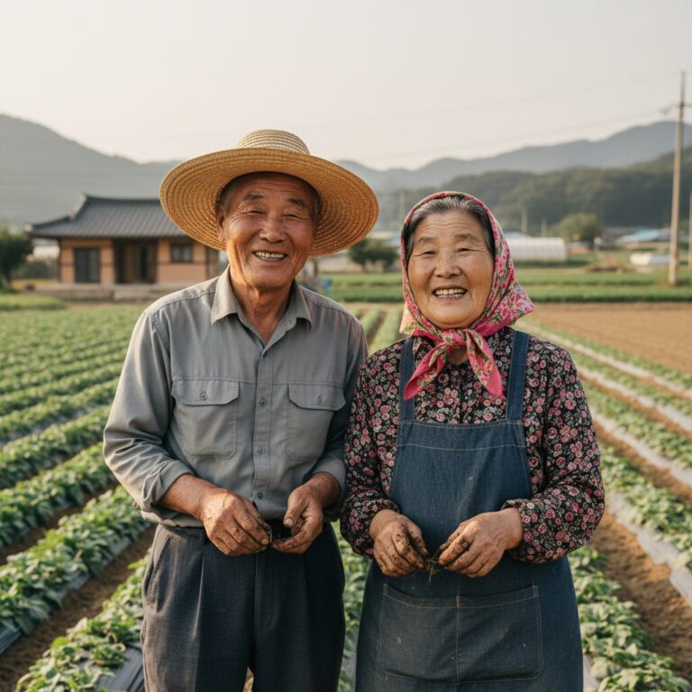 손에 흙을 묻힌 노부부가 농지와 함께 미소 지으며 서 있는 모습, 농지연금의 안정된 노후 생활을 상징