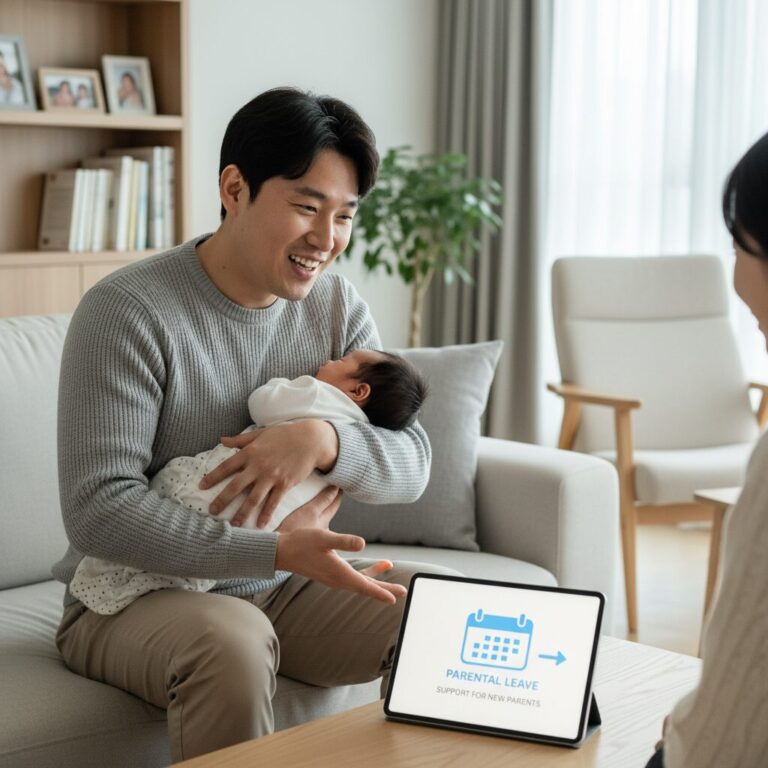 아빠가 아이를 안고 미소 지으며 배우자 출산휴가를 설명하는 그림
