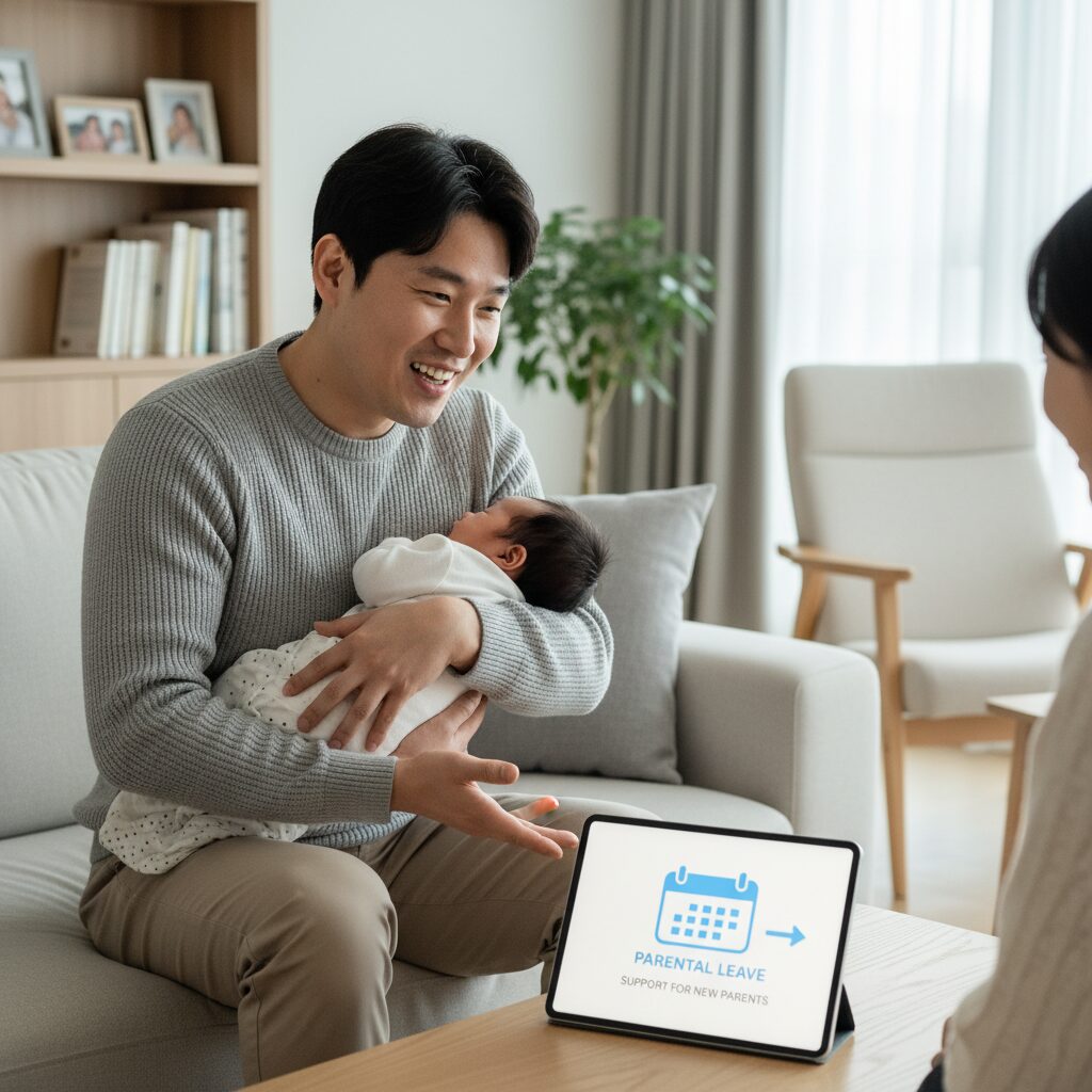 아빠가 아이를 안고 미소 지으며 배우자 출산휴가를 설명하는 그림