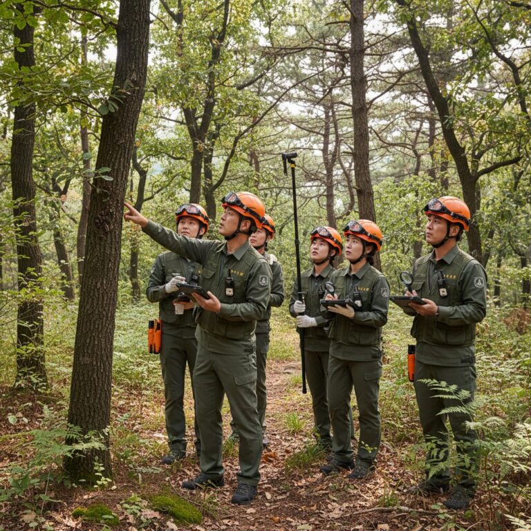 산림재난대응단원들이 숲속에서 병해충을 예찰하며 협업하는 모습