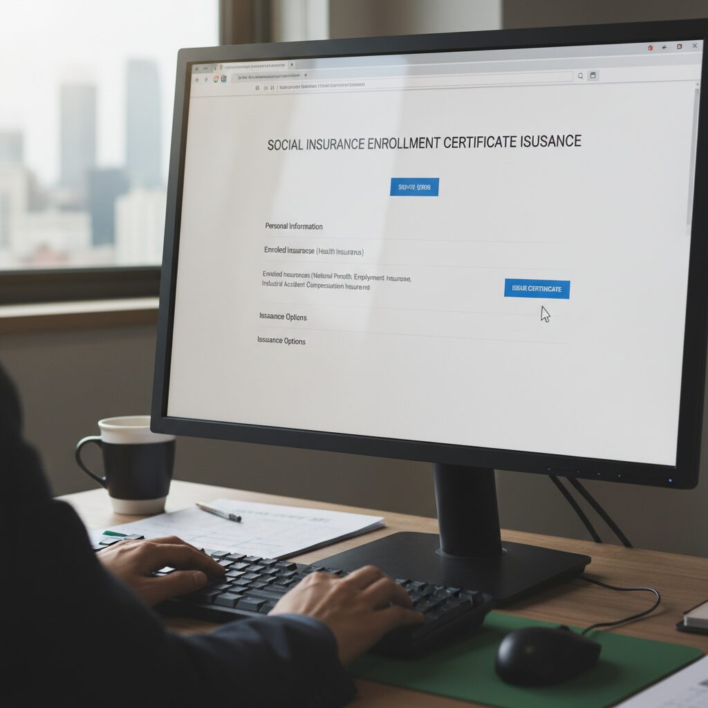 컴퓨터 화면에 4대 사회보험 가입내역 확인서 발급 웹사이트가 열려 있는 모습