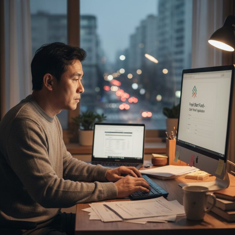 소상공인이 새출발기금 채무조정을 위해 온라인으로 신청하는 모습을 상징하는 이미지
