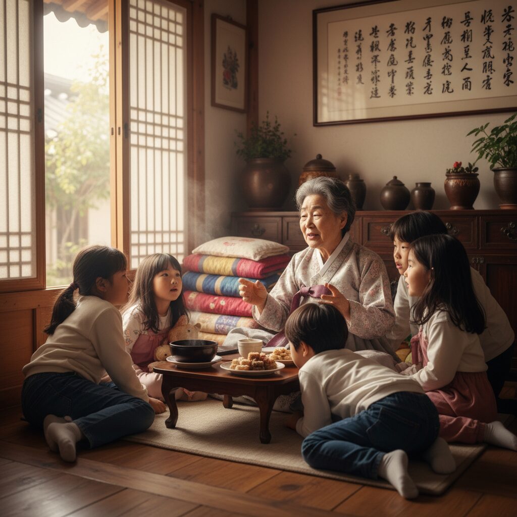 할머니가 아이들을 둘러싸고 옛이야기를 들려주고 있는 따뜻한 모습