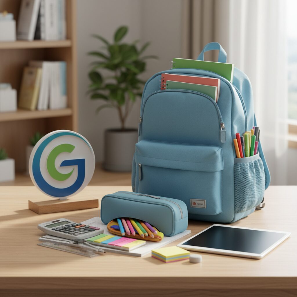 구리시 입학준비금 지원을 상징하는 이미지로 책가방과 학용품, 구리시 로고가 함께 표현됨