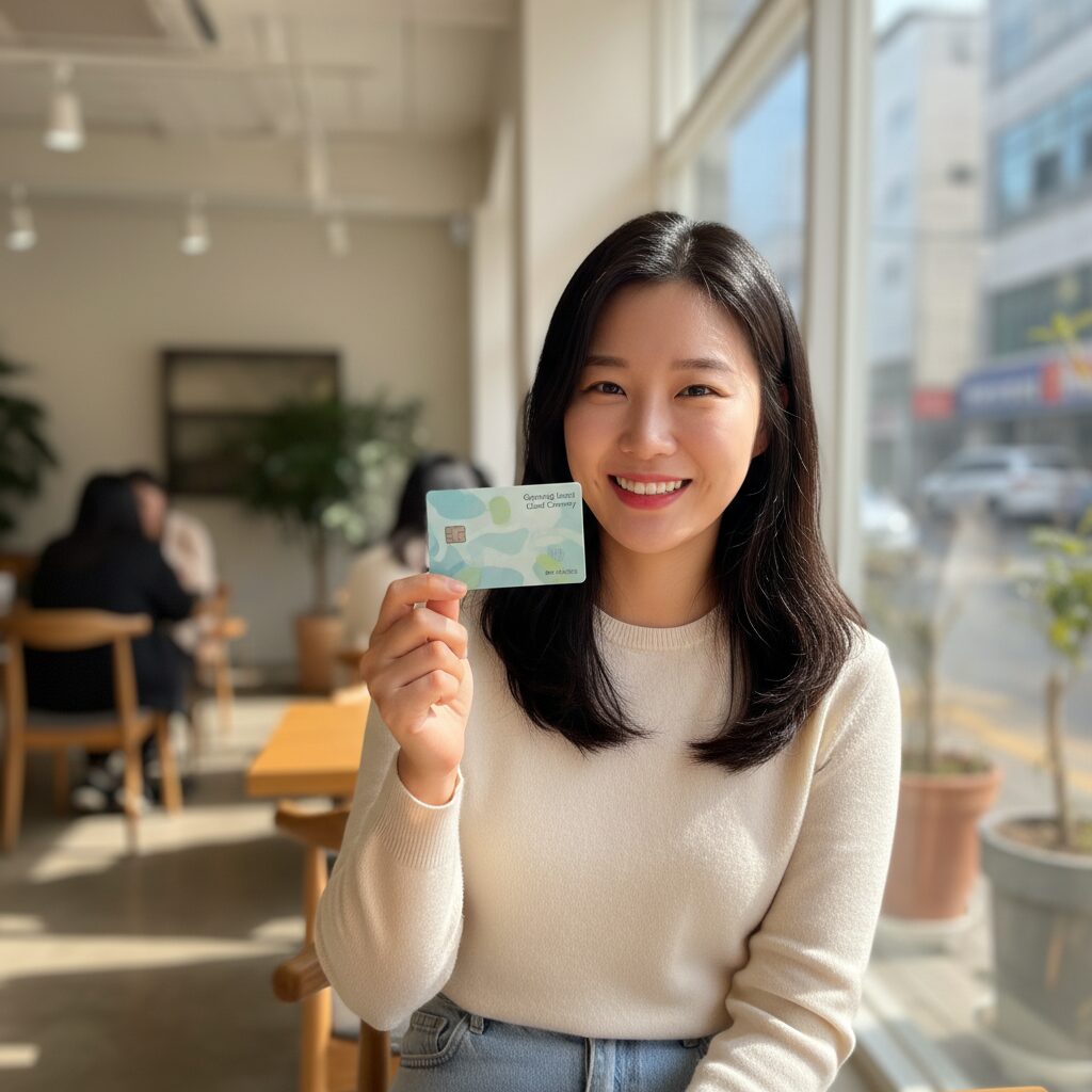 경기도 여성이 지역화폐 카드를 들고 미소짓는 모습