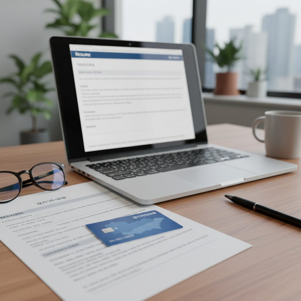 노트북과 이력서 옆에 경기지역화폐 카드가 놓여 있는 모습