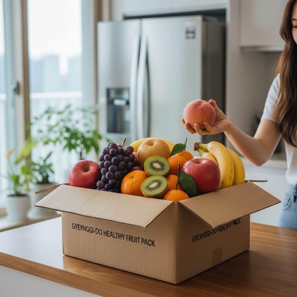 경기도 건강과일 꾸러미 박스와 그 안에 담긴 다양한 과일들