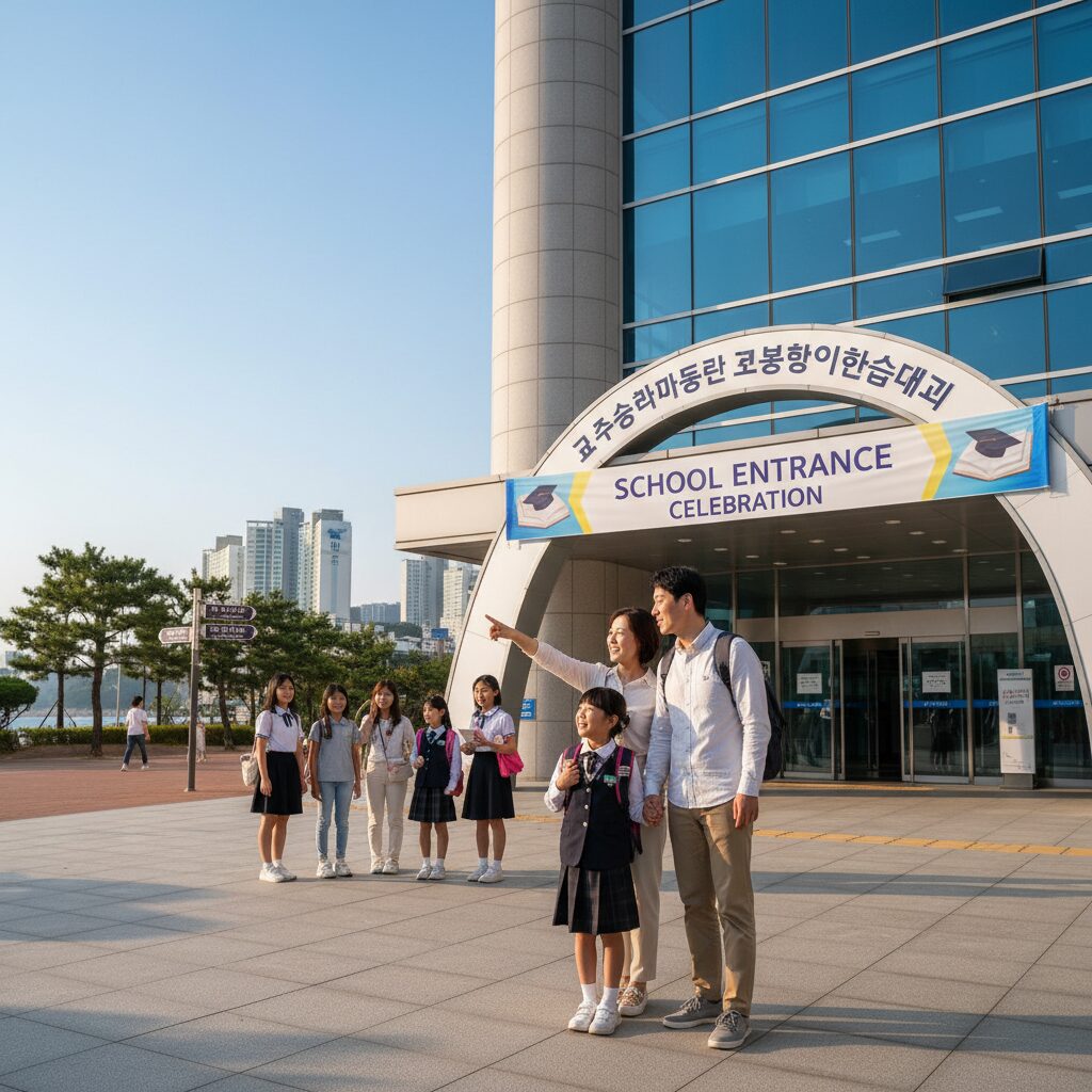 해운대구청과 학교 입학을 상징하는 이미지