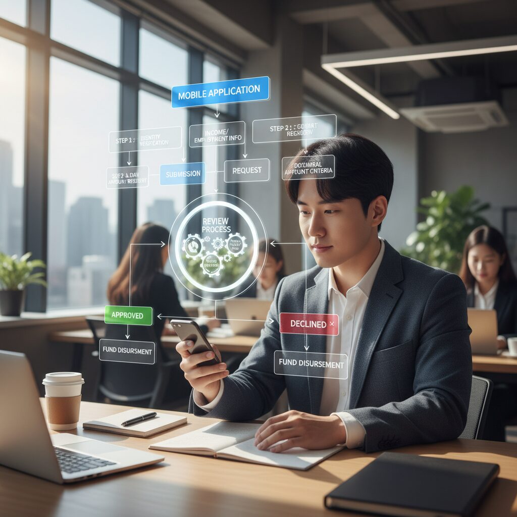 햇살론유스 모바일 신청 절차와 심사 진행 과정을 보여주는 다이어그램