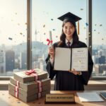 고교 취업연계 장려금을 상징하는 이미지, 졸업장과 계약서 옆에 축하하는 돈 뭉치