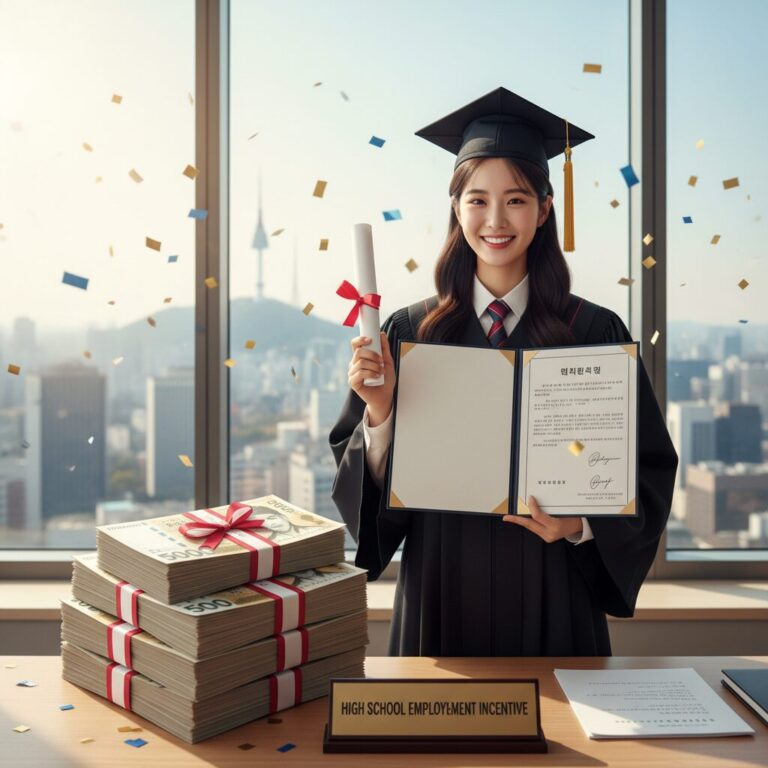 고교 취업연계 장려금을 상징하는 이미지, 졸업장과 계약서 옆에 축하하는 돈 뭉치
