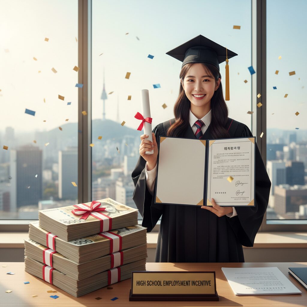 고교 취업연계 장려금을 상징하는 이미지, 졸업장과 계약서 옆에 축하하는 돈 뭉치