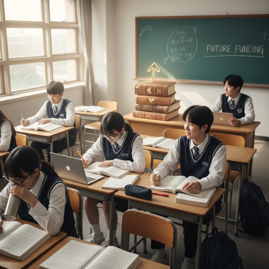 고등학교 교실에서 공부하는 학생과 지원금을 상징하는 이미지