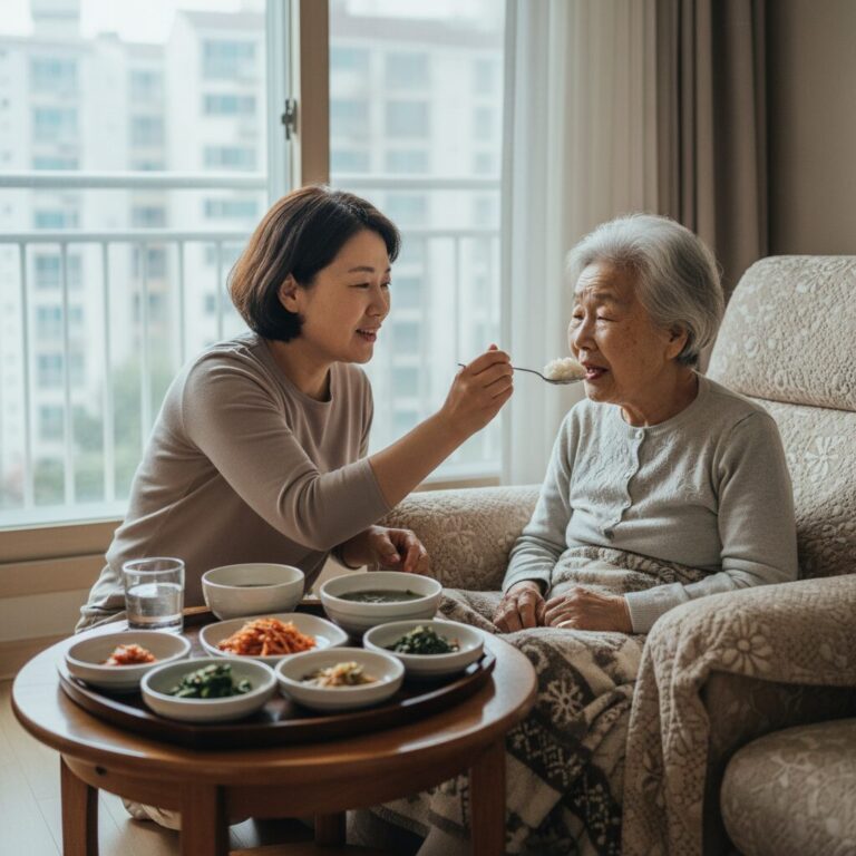 집에서 요양보호사가 노인 분께 식사를 도와드리는 모습